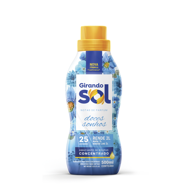 Amaciante Concentrado Doces Sonhos Girando Sol 500Ml, Amaciante De Roupas Concentrado, Azul, Nova Fórmula E Mais Intenso