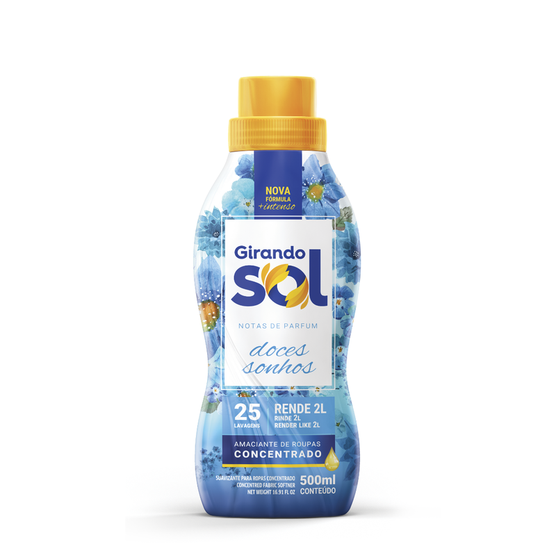 Amaciante Concentrado Doces Sonhos Girando Sol 500Ml, Amaciante De Roupas Concentrado, Azul, Nova Fórmula E Mais Intenso