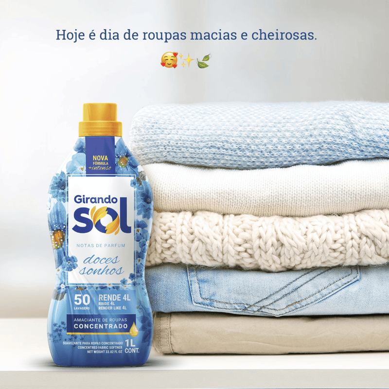 Amaciante Concentrado Doces Sonhos Girando Sol 500Ml, Amaciante De Roupas Concentrado, Azul, Nova Fórmula E Mais Intenso