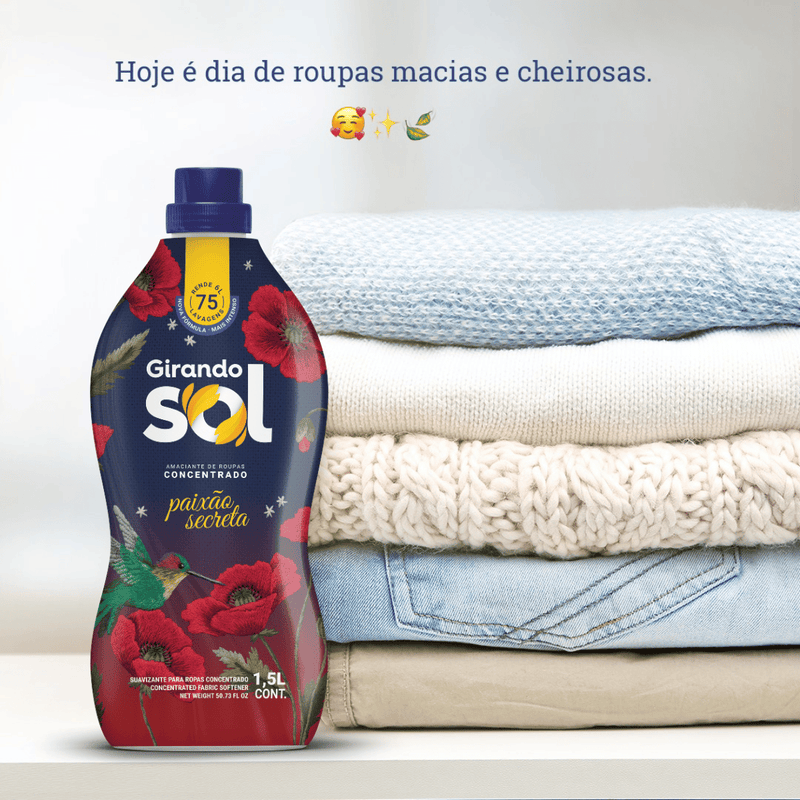 Amaciante Concentrado Paixão Secreta Girando Sol 1,5L, Amaciante De Roupas Concentrado, Vermelho, Nova Fórmula E Mais In