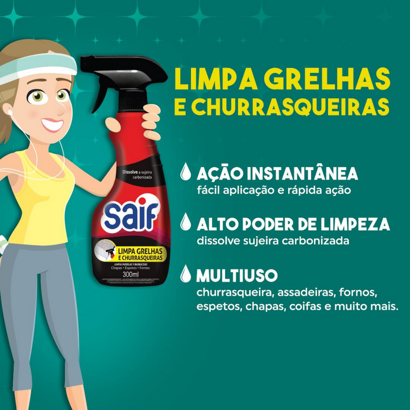 Limpa Grelhas E Churrasqueiras Com Gatilho Saif 300Ml