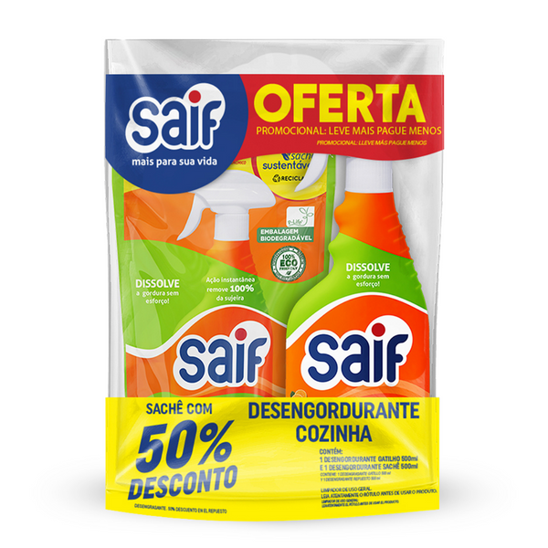 Combo Desengordurante Multiuso Cozinha Gatilho E Sachê Saif 500Ml, Saif, Higienizador Removedor De Gordura Cozinha Spray