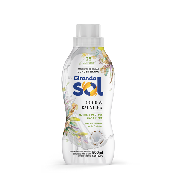 Amaciante Concentrado Coco E Baunilha Girando Sol 500Ml, Amaciante De Roupas Concentrado, Branco, Nutre E Protege Cada F