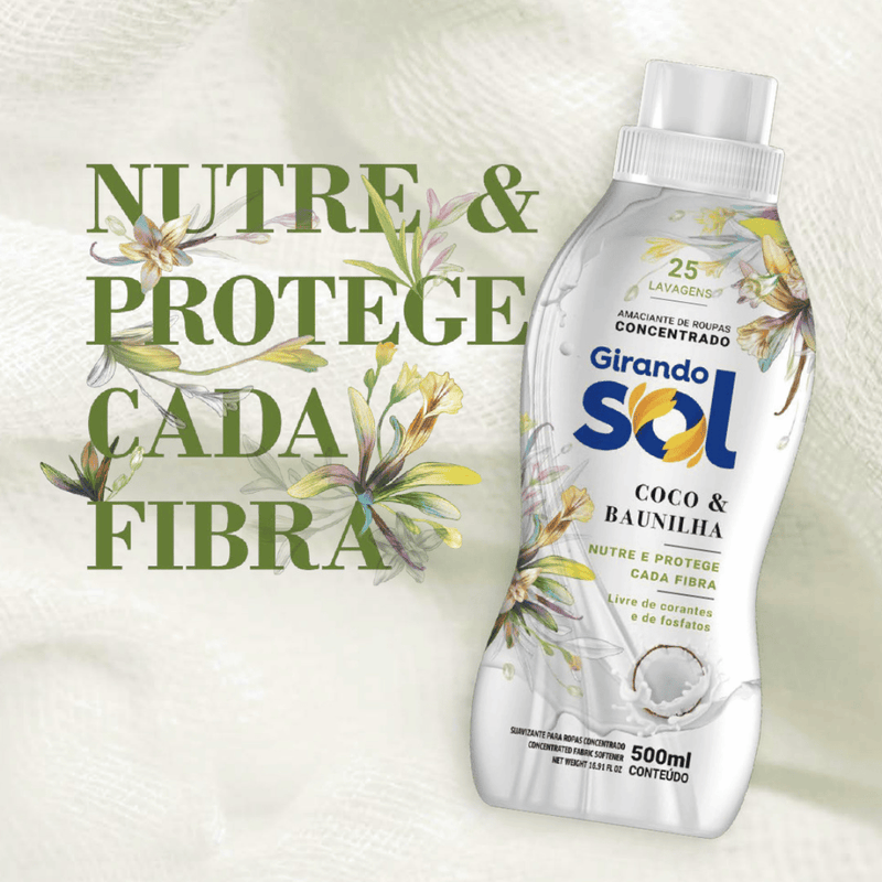 Amaciante Concentrado Coco E Baunilha Girando Sol 500Ml, Amaciante De Roupas Concentrado, Branco, Nutre E Protege Cada F